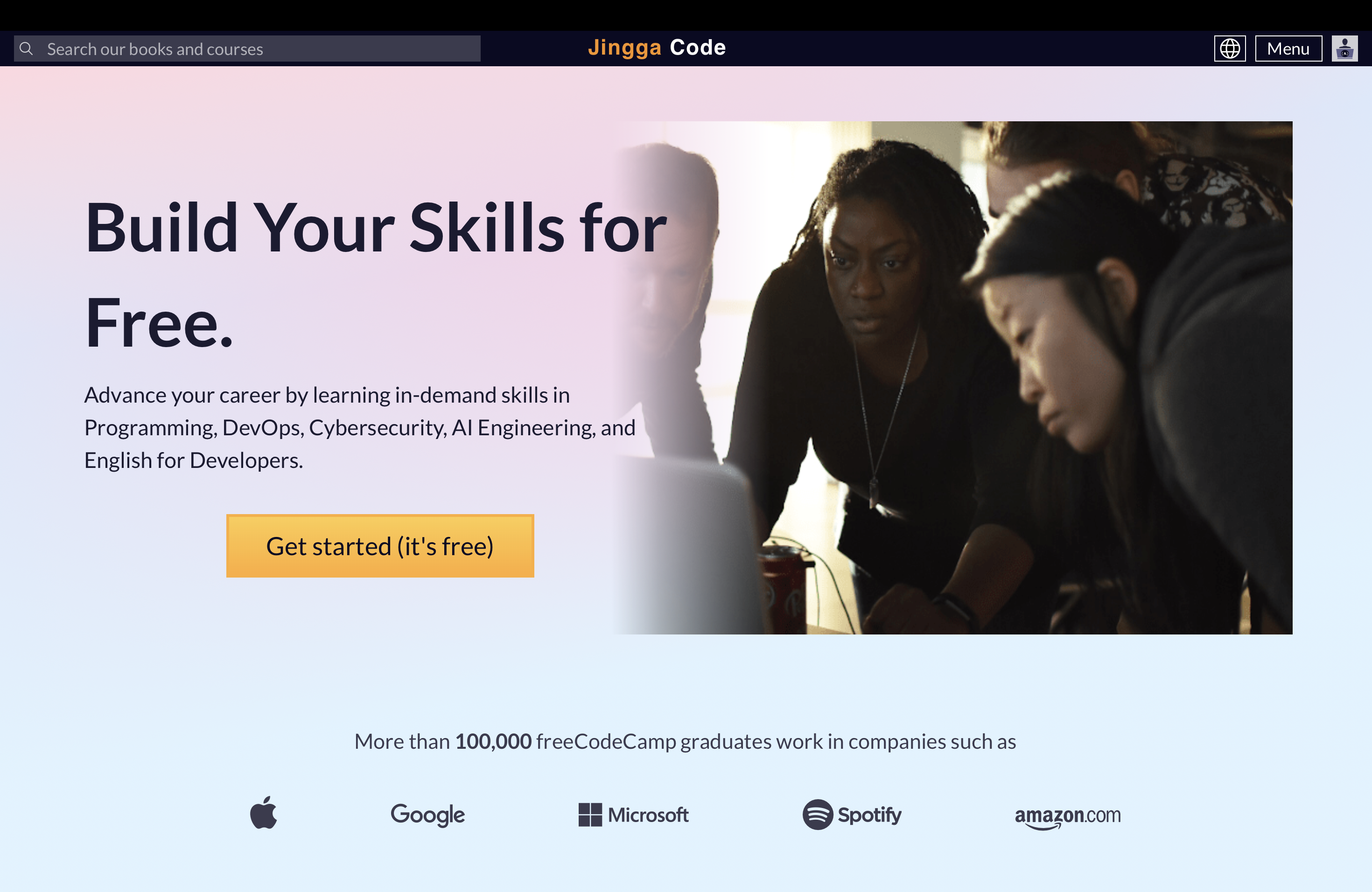 Tampilan beranda utama platform Jingga Code SMKN 1 Rongga yang menyajikan antarmuka modern pembelajaran pemrograman mandiri