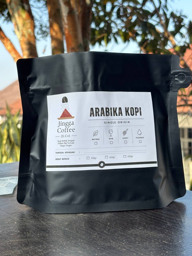 Kemasan hitam elegan standing pouch Kopi Bubuk 200 gram Arabika Jingga Coffee Ji.Co TeFa ATPH
