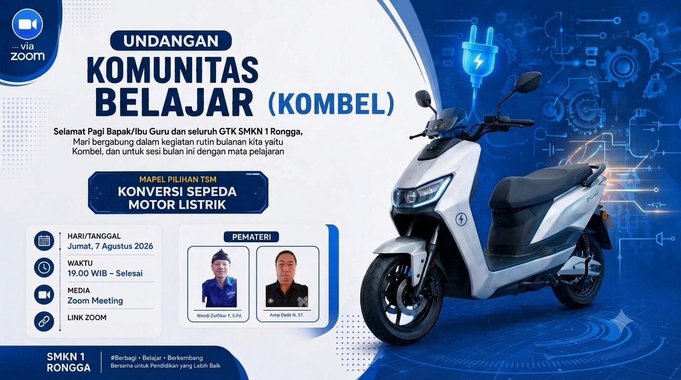 Flyer sosialisasi diskusi virtual Komunitas Belajar GTK SMKN 1 Rongga topik konversi sepeda motor listrik