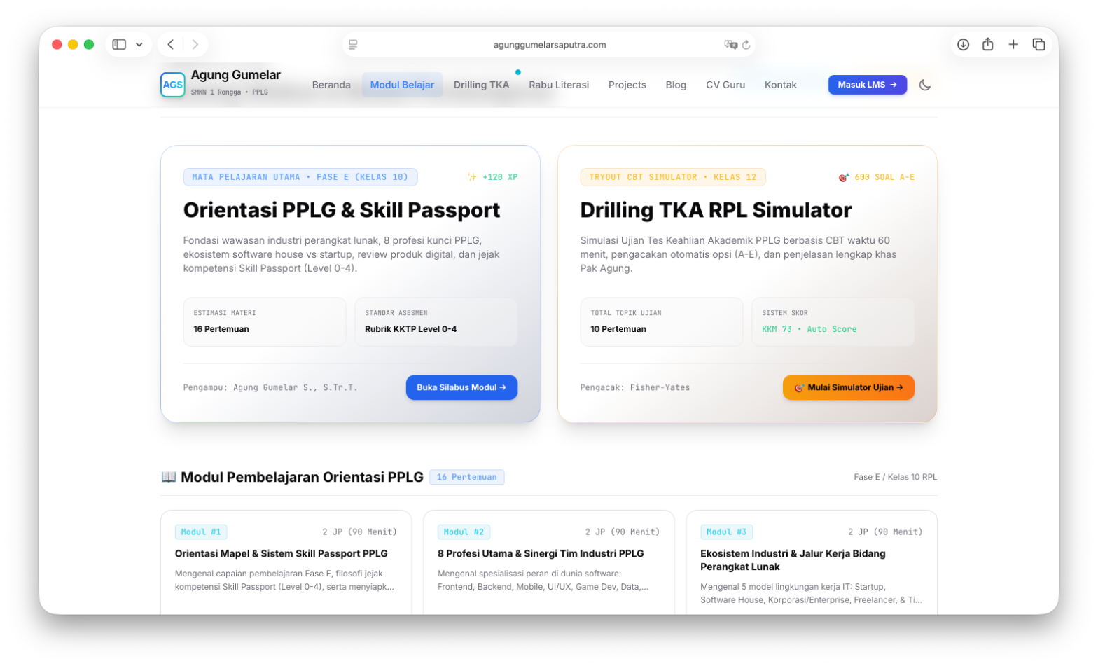 Halaman Modul Belajar platform agunggumelarsaputra.com menampilkan daftar modul Orientasi PPLG dan Drilling TKA RPL Simulator