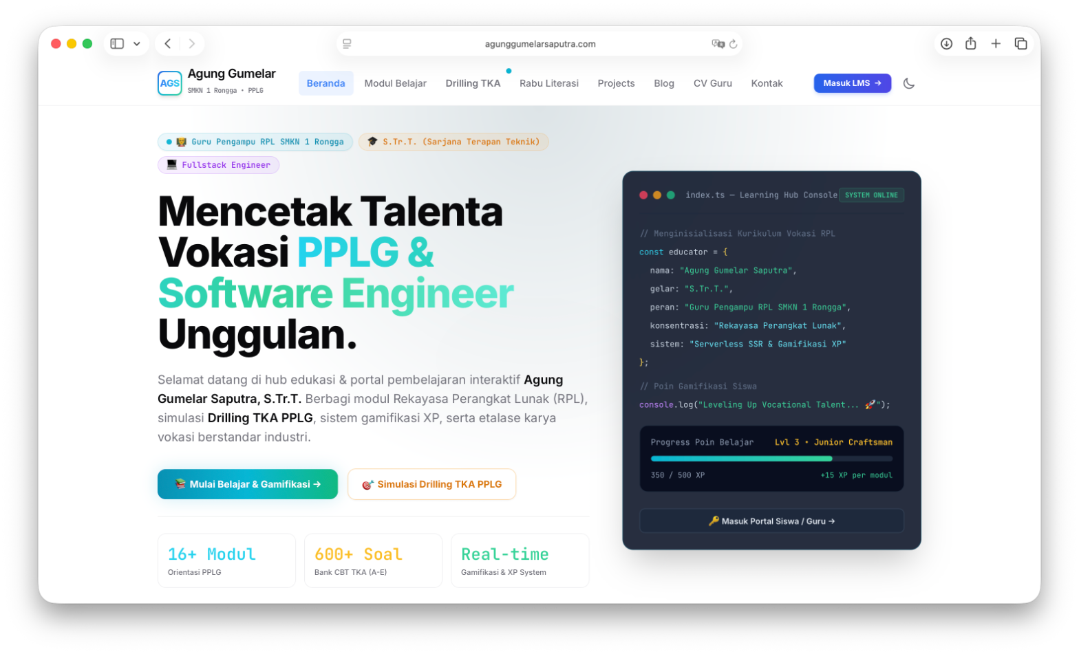 Tampilan beranda platform pembelajaran gamifikasi agunggumelarsaputra.com buatan Guru RPL SMKN 1 Rongga