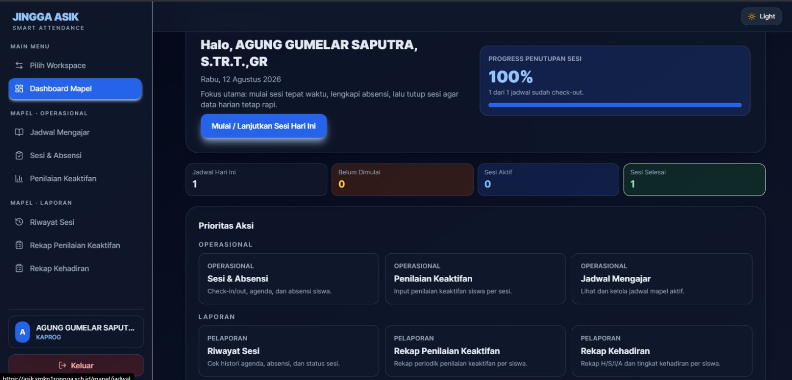 Halaman Absensi Manual Jingga Asik menampilkan daftar siswa dengan tombol status H S I A dan ringkasan kehadiran kelas