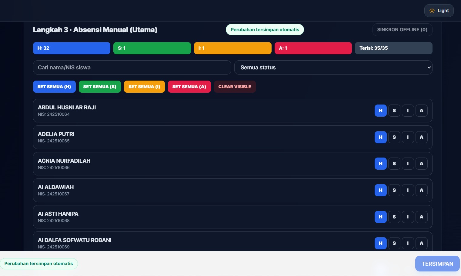 Dashboard Live Monitoring Jingga Asik SMK Negeri 1 Rongga menampilkan statistik kehadiran 722 siswa dan ranking ketidakhadiran per kelas