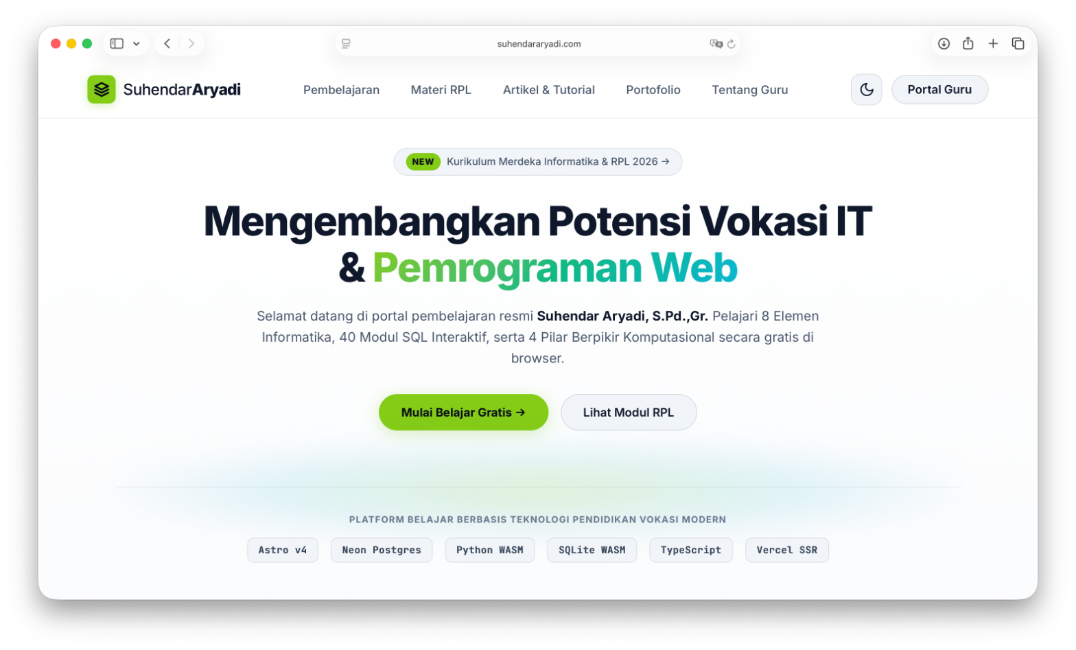Halaman beranda platform pembelajaran Suhendar Aryadi yang menampilkan materi Informatika dan RPL