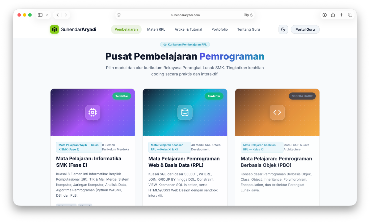 Katalog mata pelajaran pada platform pembelajaran Suhendar Aryadi untuk Informatika dan RPL