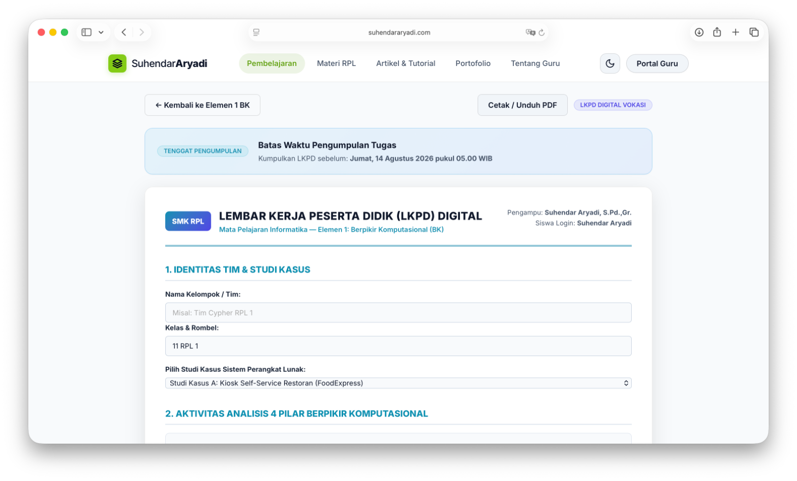 Tampilan LKPD digital berpikir komputasional pada platform pembelajaran Suhendar Aryadi