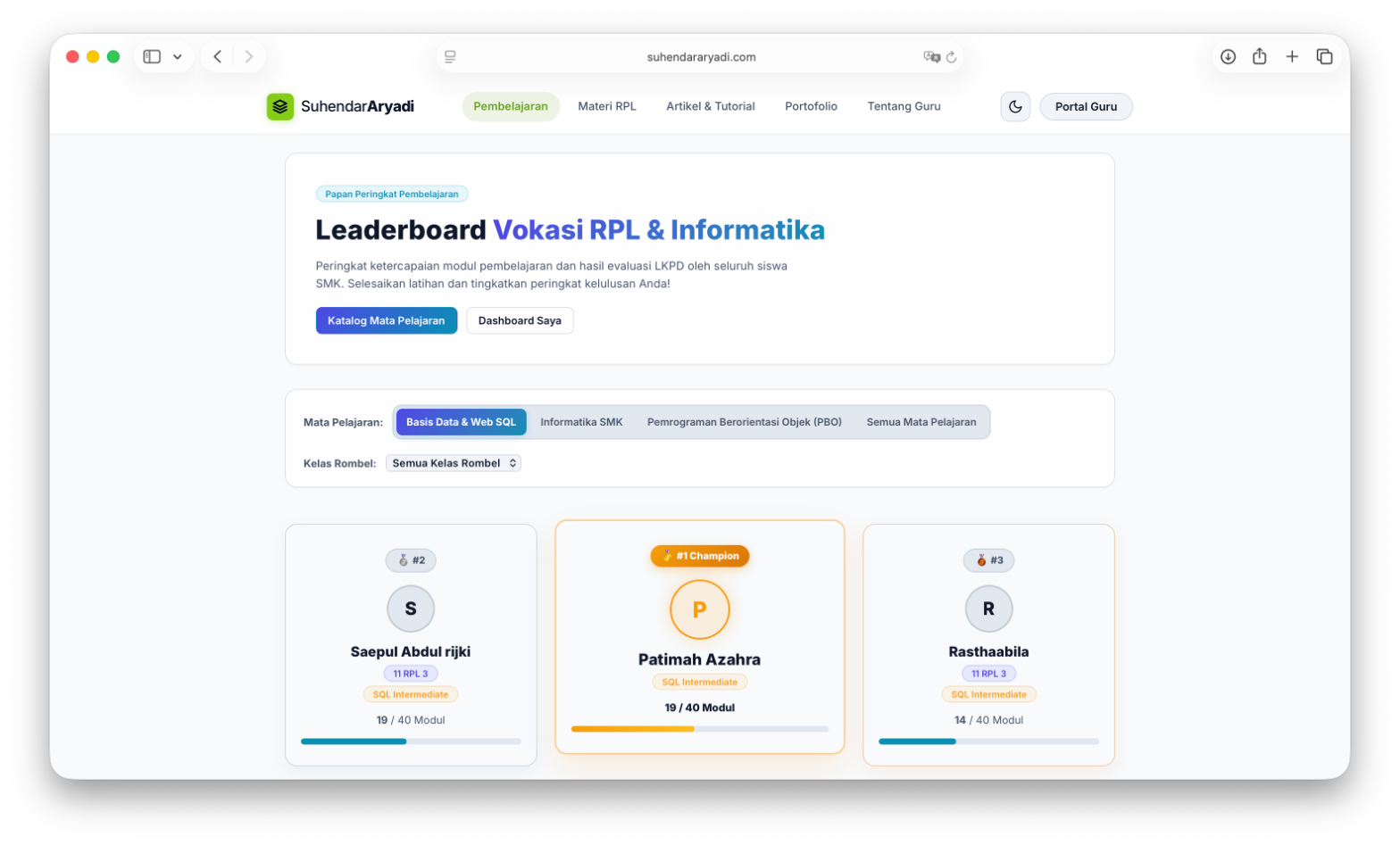 Tampilan leaderboard vokasi RPL dan Informatika pada platform pembelajaran Suhendar Aryadi