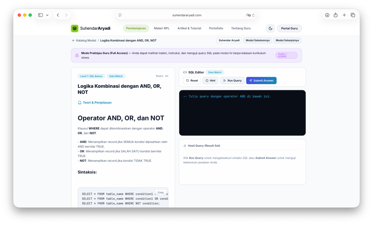 Editor SQL interaktif untuk latihan query AND OR NOT pada platform Suhendar Aryadi